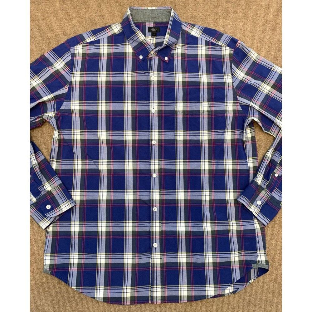 J Crew Shirt Mens XL Tartan Plaid Long Sleeve Blue Button Down Preppy Cotton